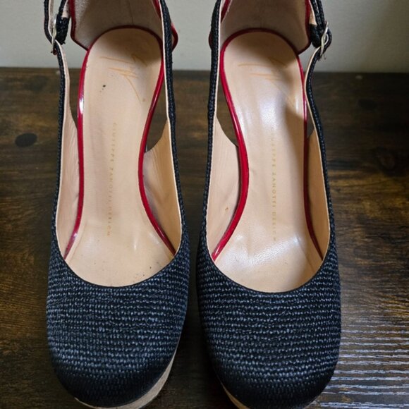 Giuseppe Zanotti Black Canvas Patent Leather Cork Platform Slingback Pumps - Picture 4 of 11